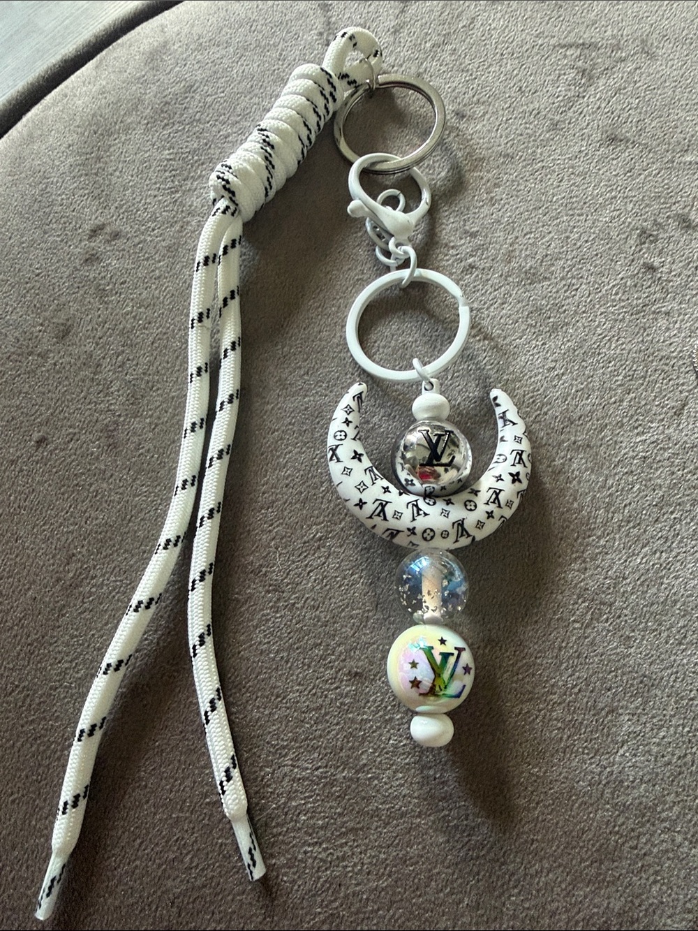 Louis Vuitton Monogram White Silver Crescent Moon Keychain Tassel Charm